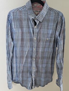 Express Men’s Light Blue and White Plaid Button-Down Shirt